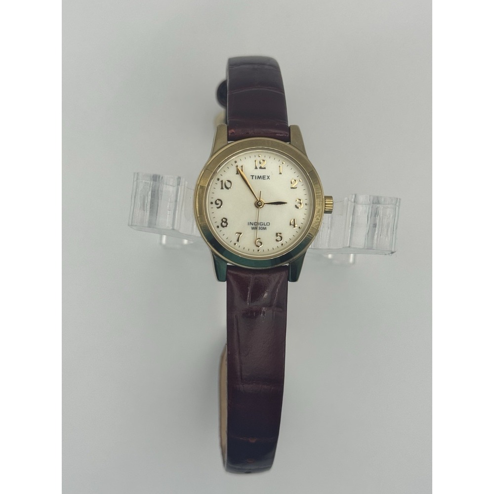 Timex Indiglo Women's Gold Tone Quartz Watch Brown Leather WR30M Battery Dead